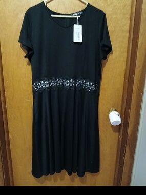 Black Short Sleeve Dress with Lace Waist Detail